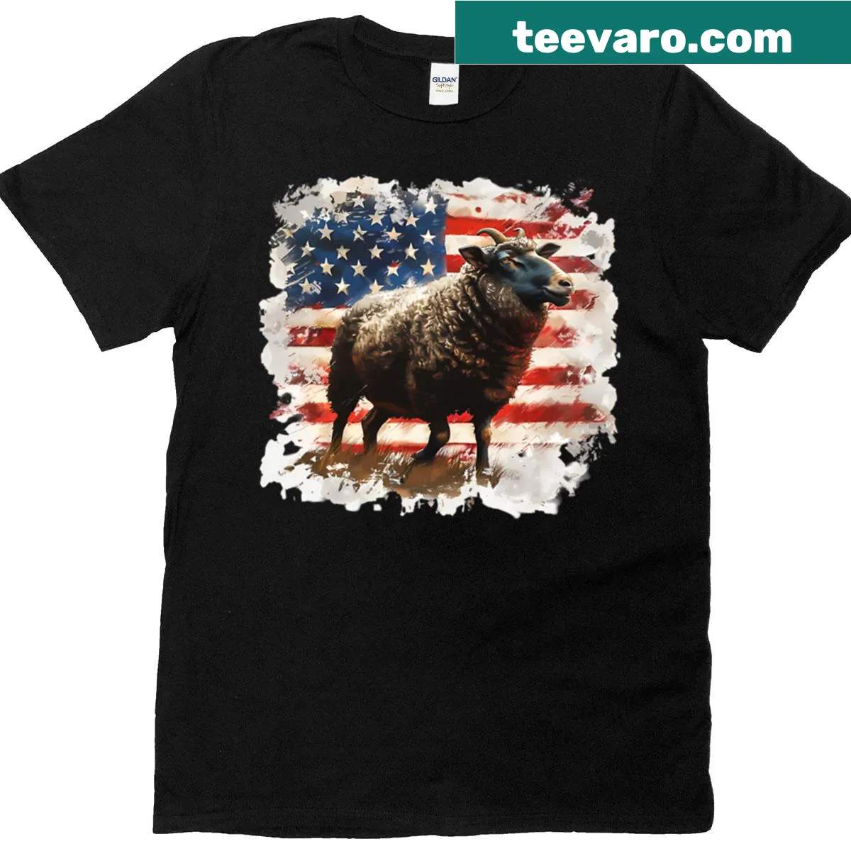 Funny black sheep with USA flag graphic T-shirt — on a men's t-shirt