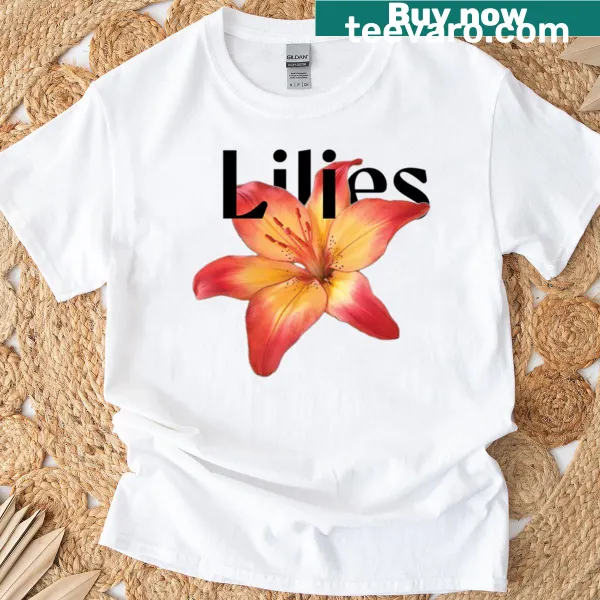 Illustrated T-shirt featuring pink lilies in a graphic design