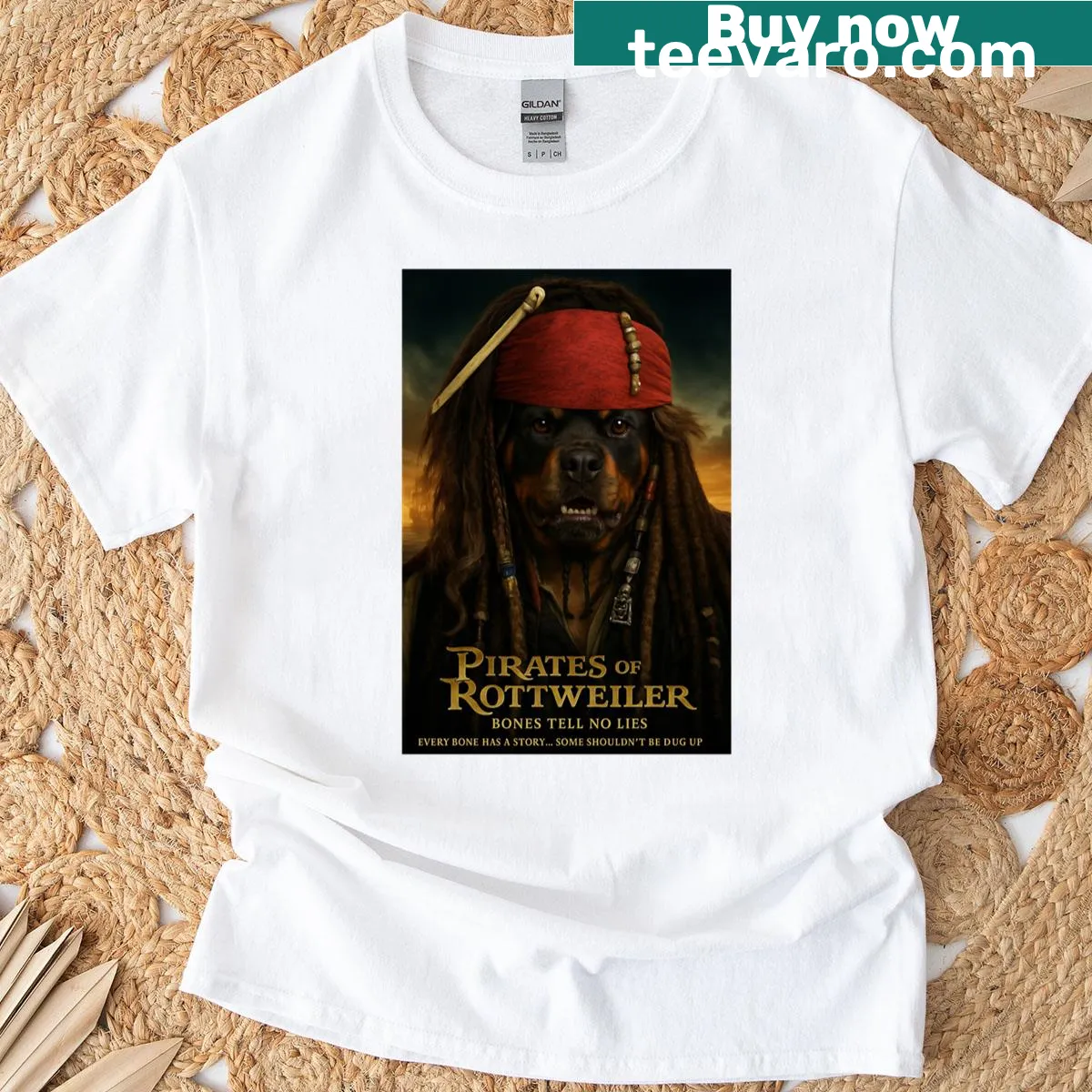 Cartoon Rottweiler in pirate attire on a t-shirt — on a men's t-shirt