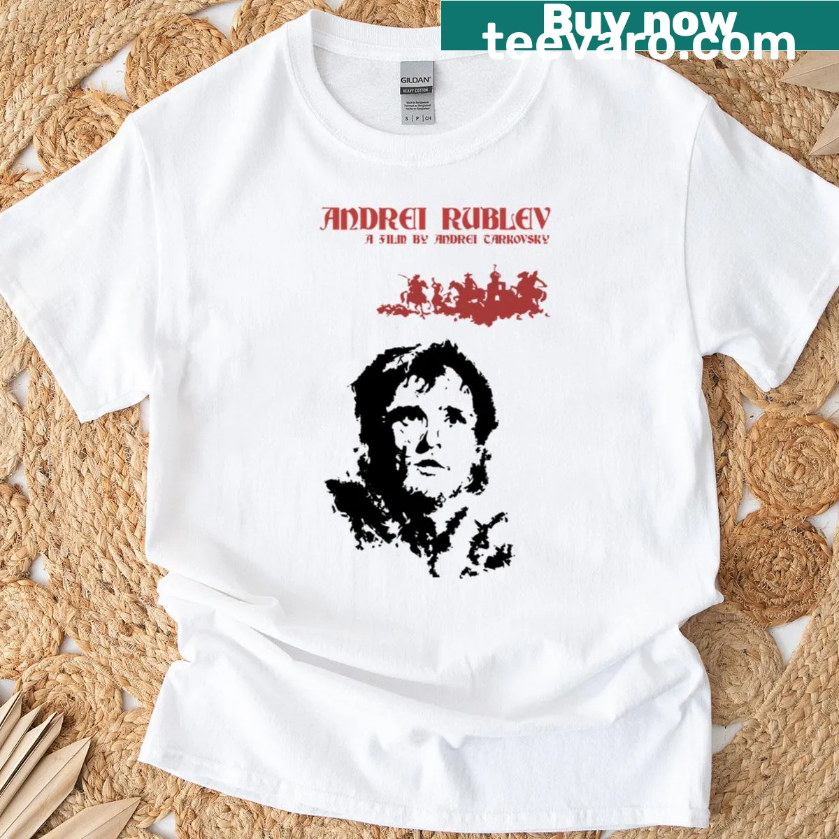 Distressed graphic of Andrei Rublev film poster on t-shirt — on a men's t-shirt