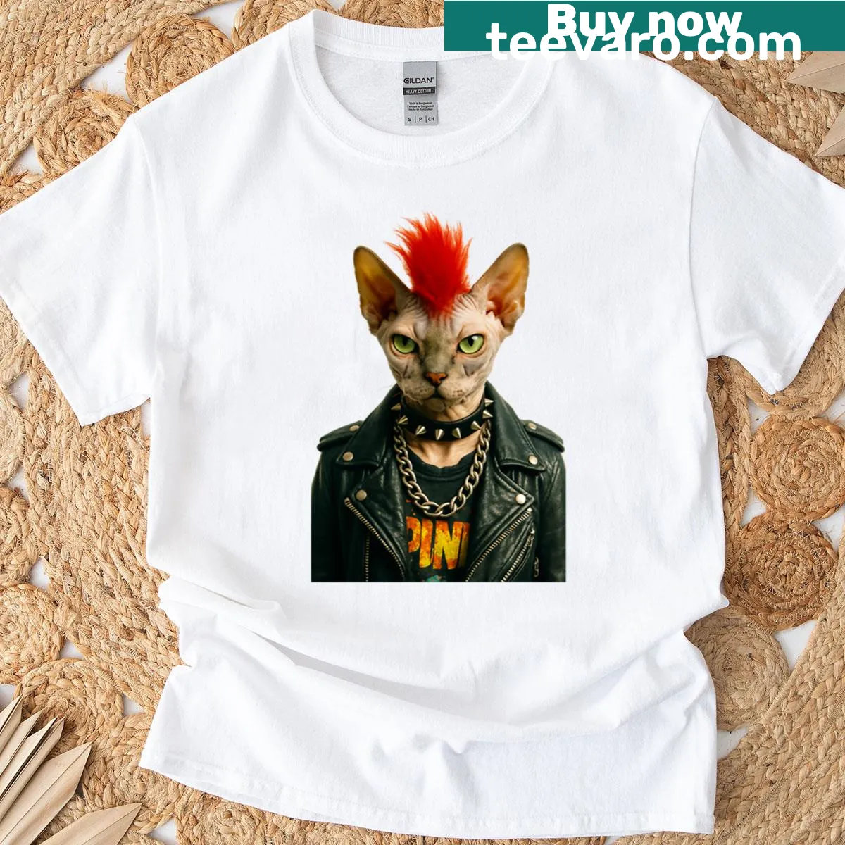 T-shirt featuring a punk cat with a red mohawk and jacket design — on a men's t-shirt