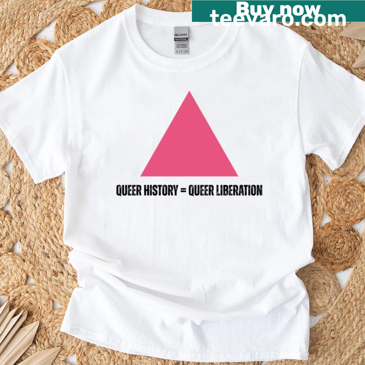 T-shirt celebrating queer history and liberation with playful illustrations — on a men's t-shirt