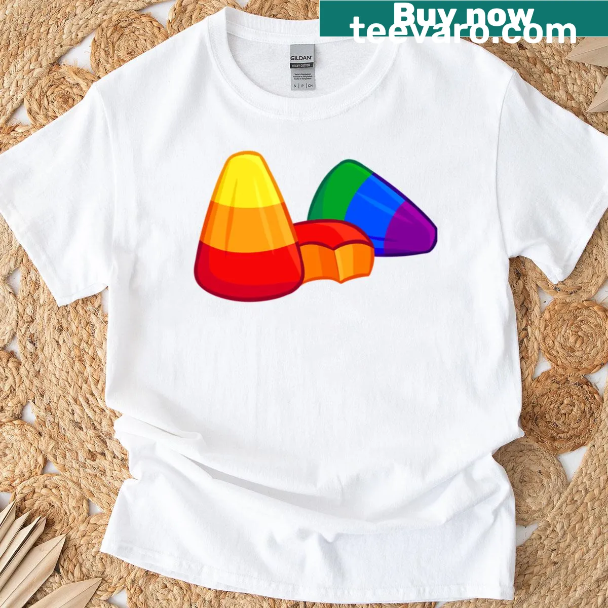 Colorful candy corn graphic in a rainbow design on a t-shirt — on a men's t-shirt