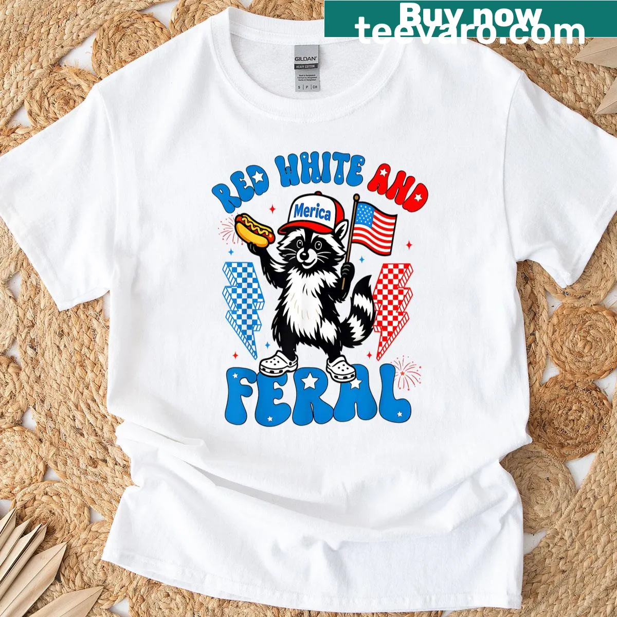 Funny raccoon T-shirt with patriotic design for Fourth of July — on a men's t-shirt