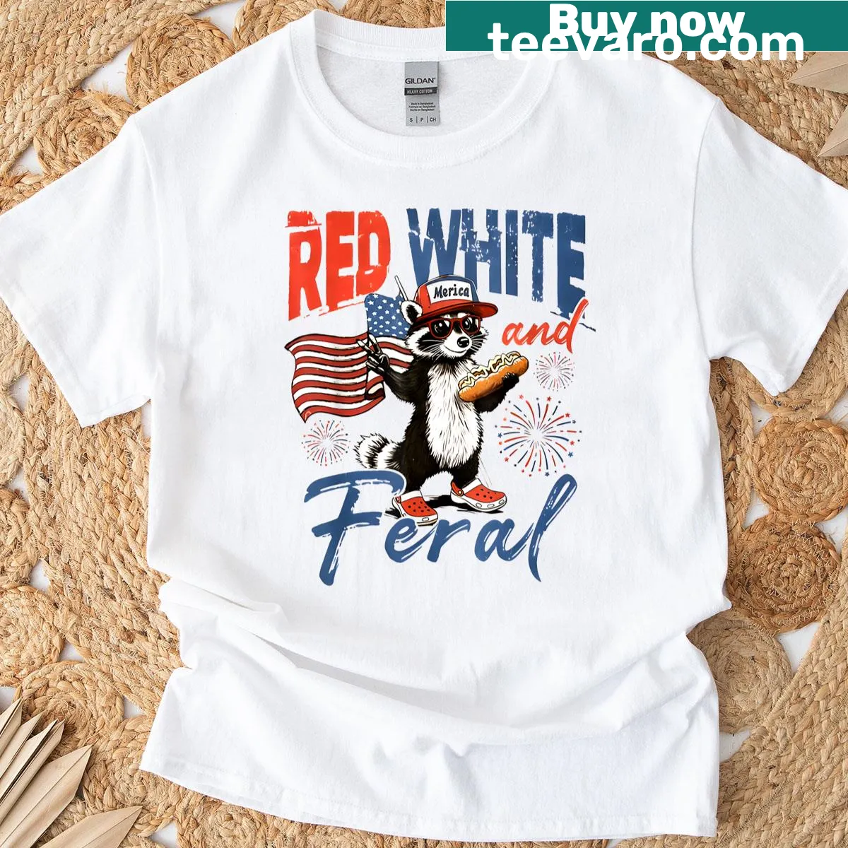 Funny raccoon 4th of July T-shirt with text 'Red White And Feral' — on a men's t-shirt