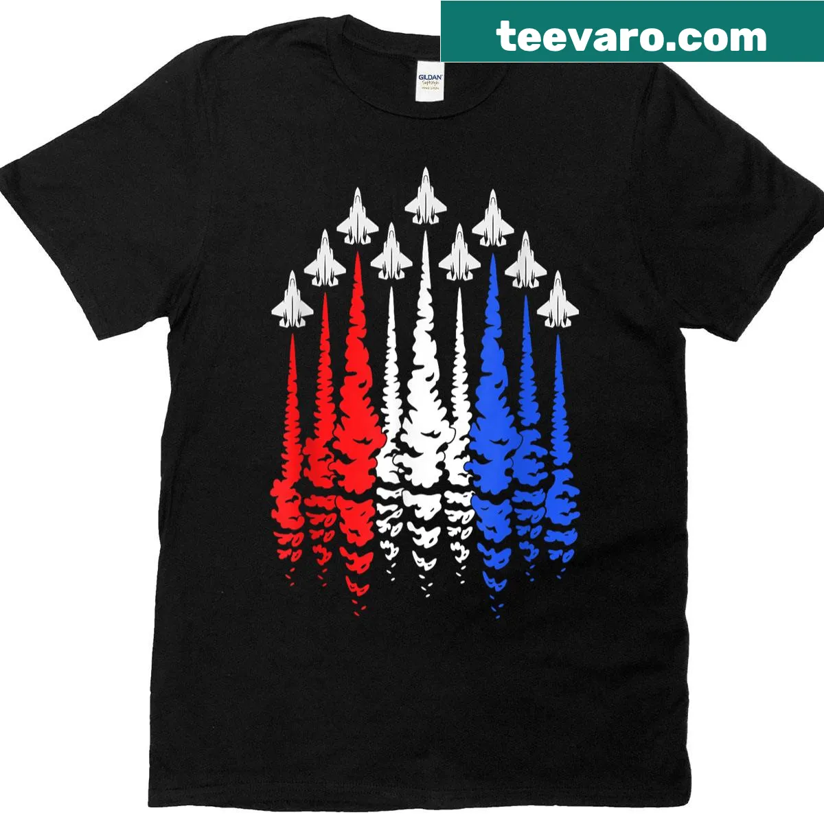 Patriotic t-shirt featuring jets in red, white, and blue — on a men's t-shirt