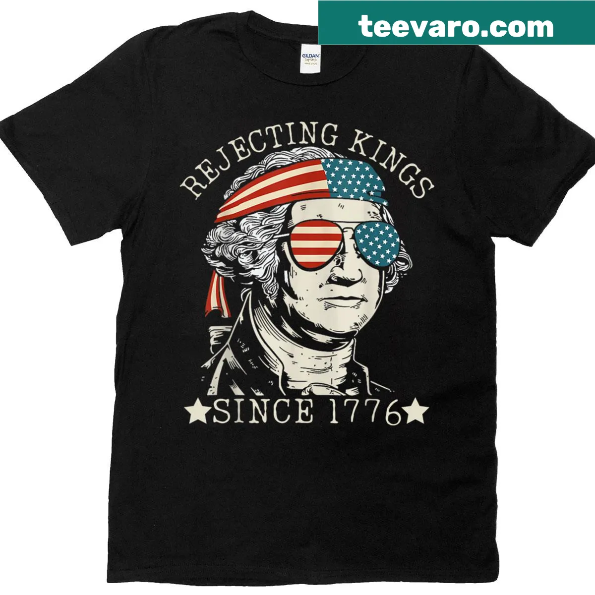 Patriotic t-shirt with a bold quote about rejecting kings since 1776 — on a men's t-shirt