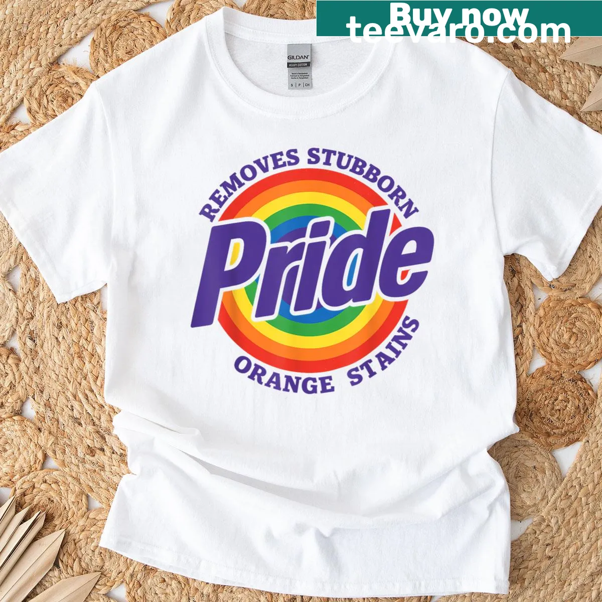 Humorous Pride Month T-shirt with the phrase 'Remove Stubborn Orange Stains' — on a men's t-shirt