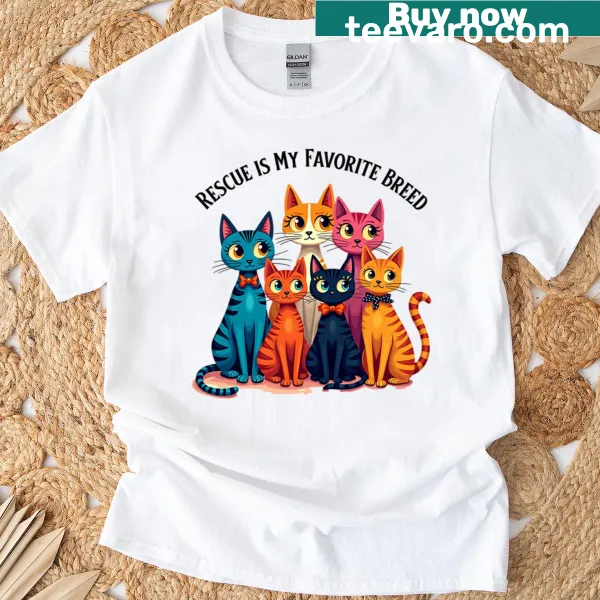 T-shirt with 'Rescue Is My Favorite Breed' text for cat lovers.