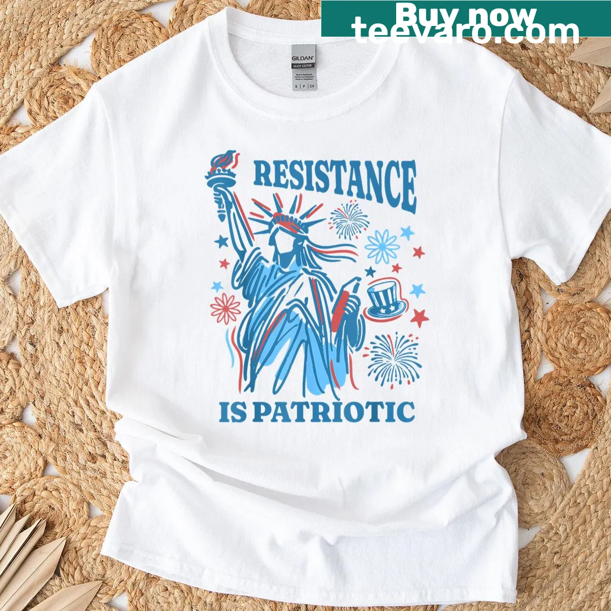 Patriotic T-shirt featuring Statue of Liberty and resistance message — on a men's t-shirt