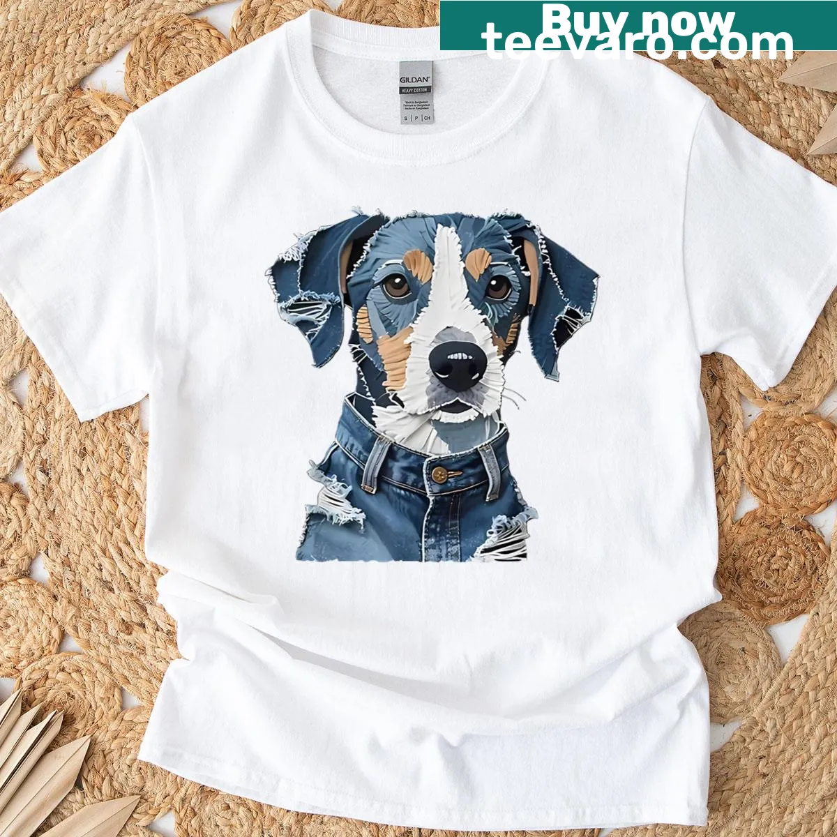 Cartoon style T-shirt featuring a funny dog with denim patches — on a men's t-shirt