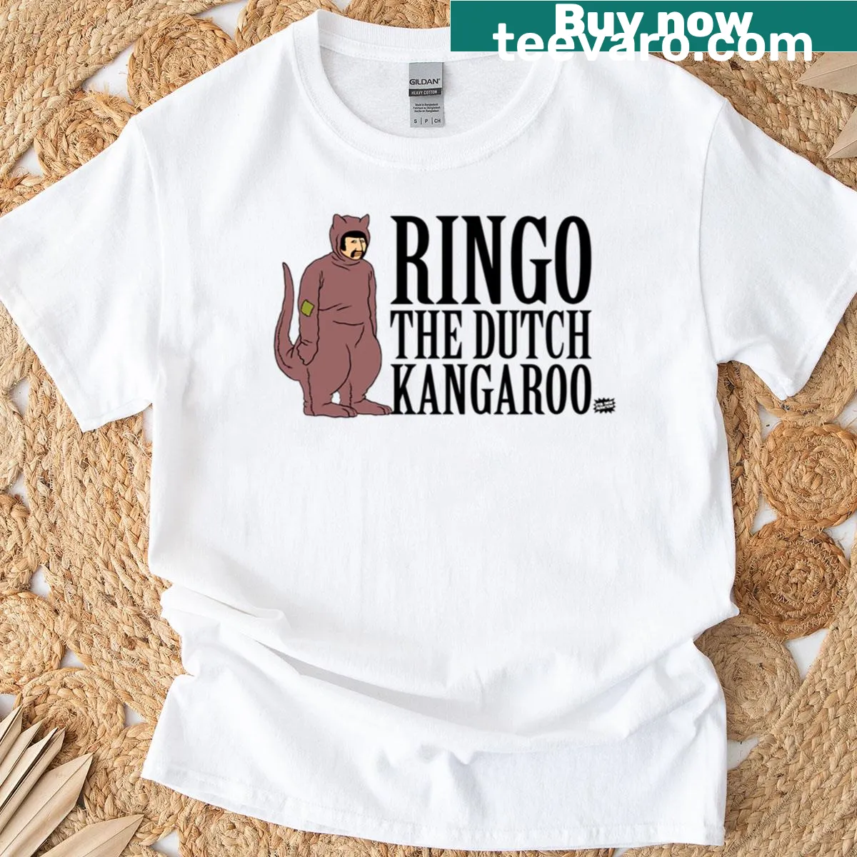 Cartoon kangaroo named Ringo with bold text on a t-shirt — on a men's t-shirt