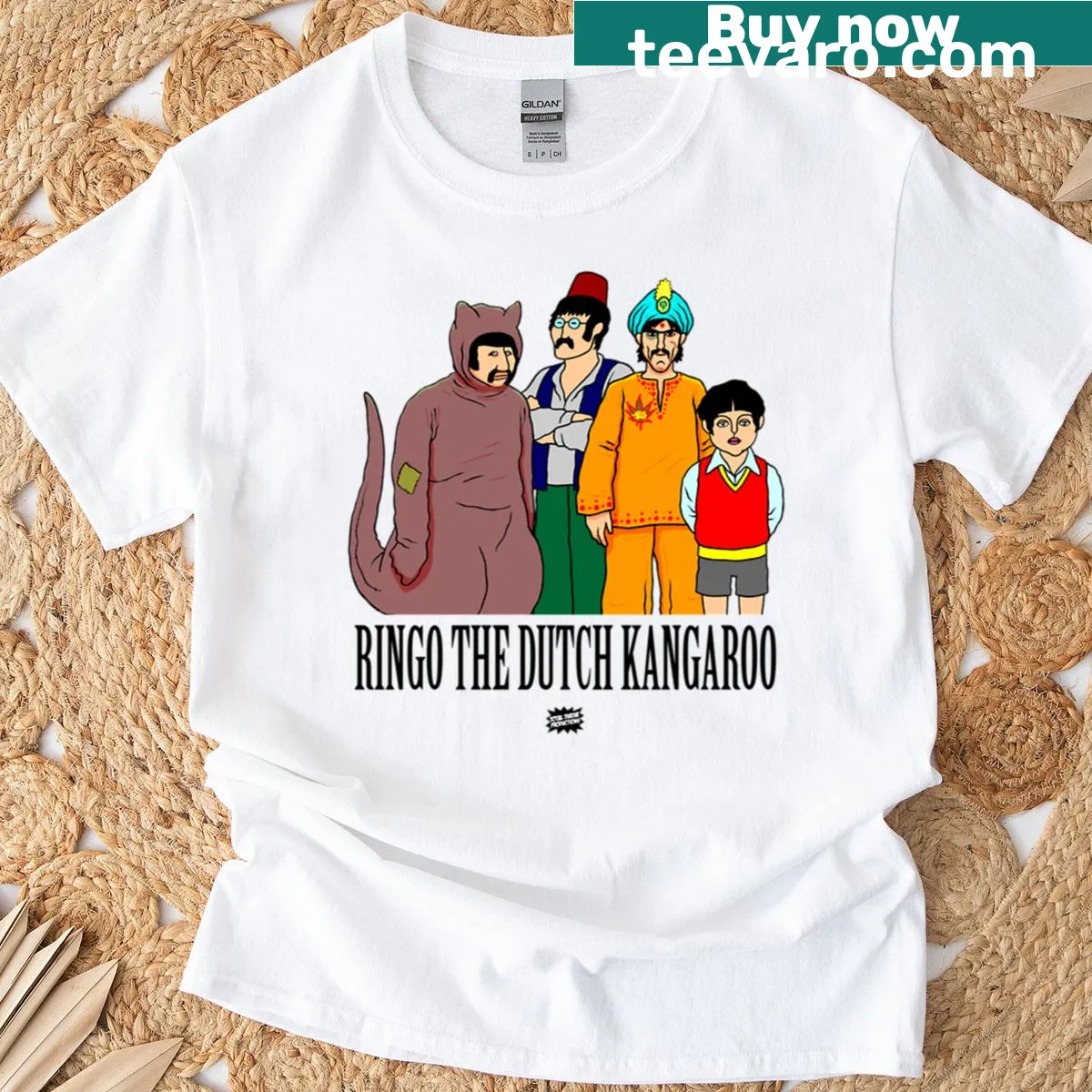 T-shirt featuring Ringo the kangaroo character in illustration — on a men's t-shirt