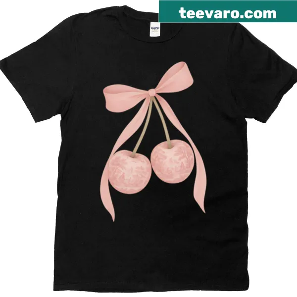 Cottage-core graphic tee featuring cherries and a bow design