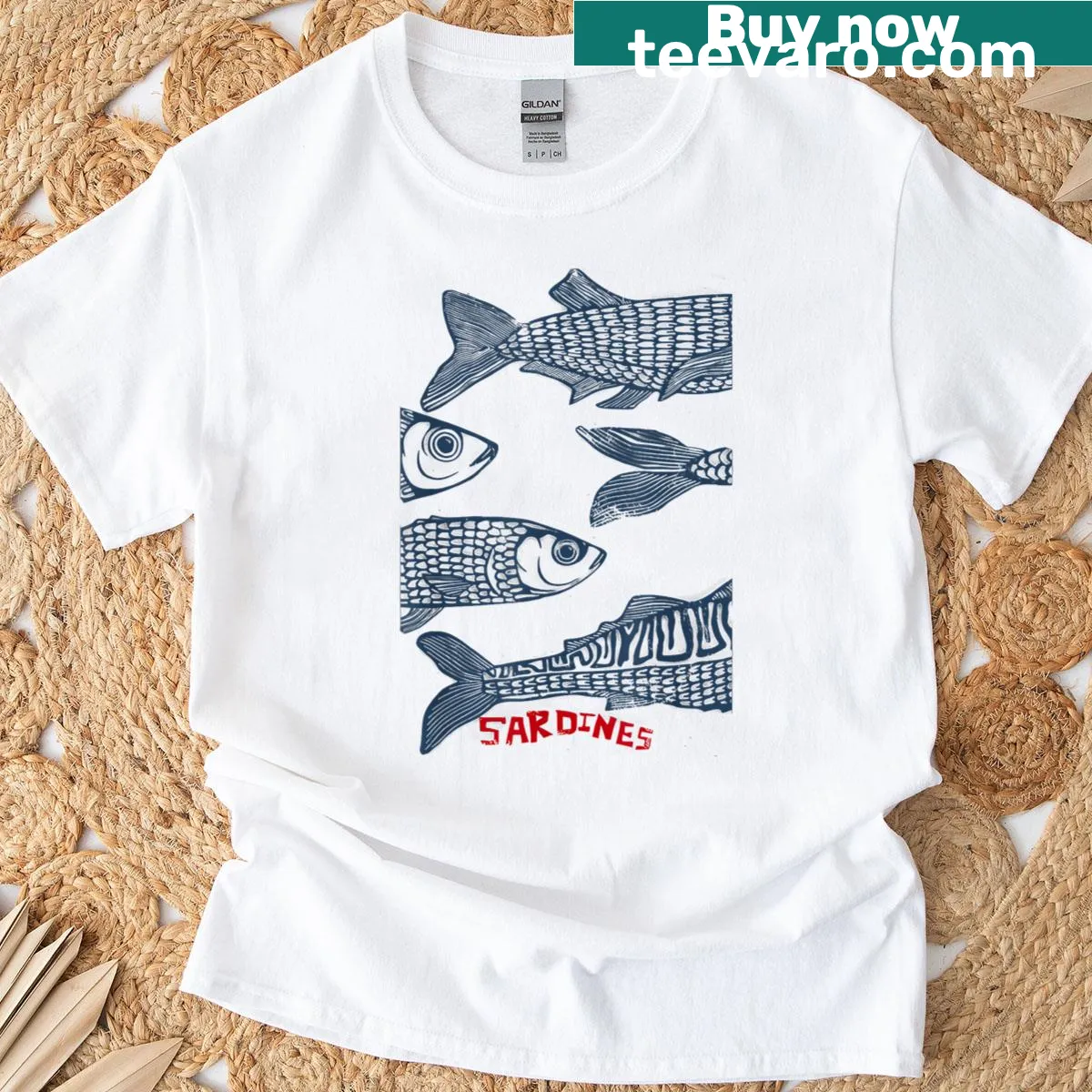 Retro sardines graphic T-shirt for casual wear — on a men's t-shirt