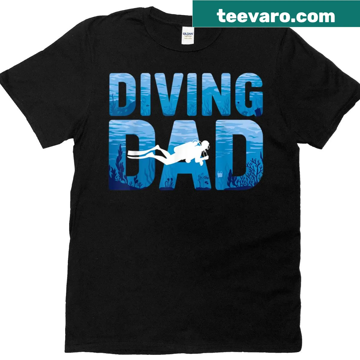 Artistic scuba diving design celebrating fathers — on a men's t-shirt