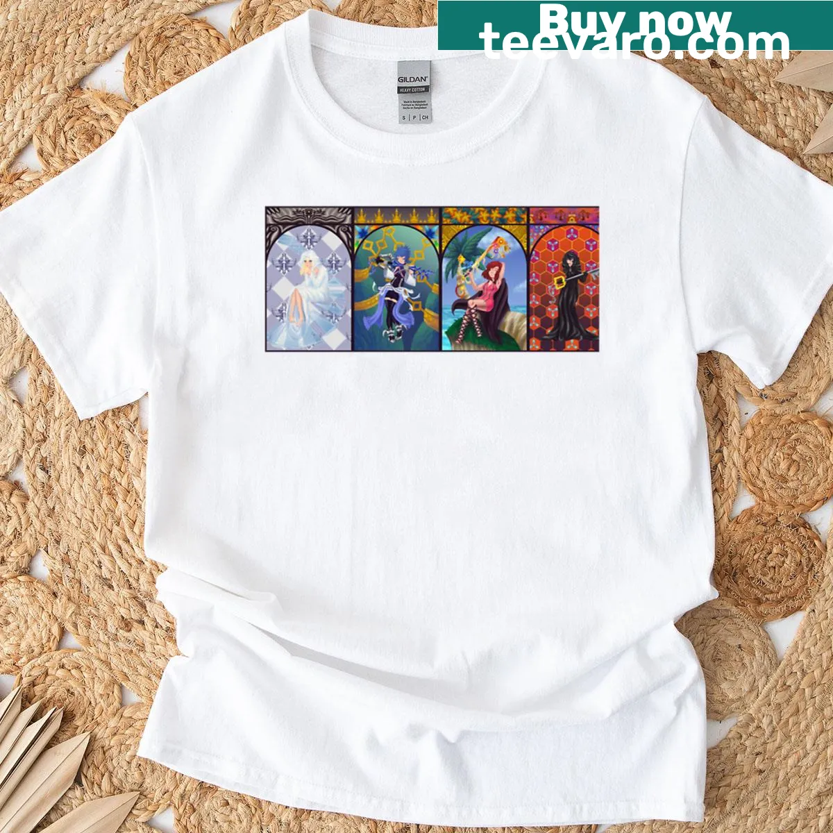 Illustrated JRPG themed t-shirt featuring landscapes and characters — on a men's t-shirt