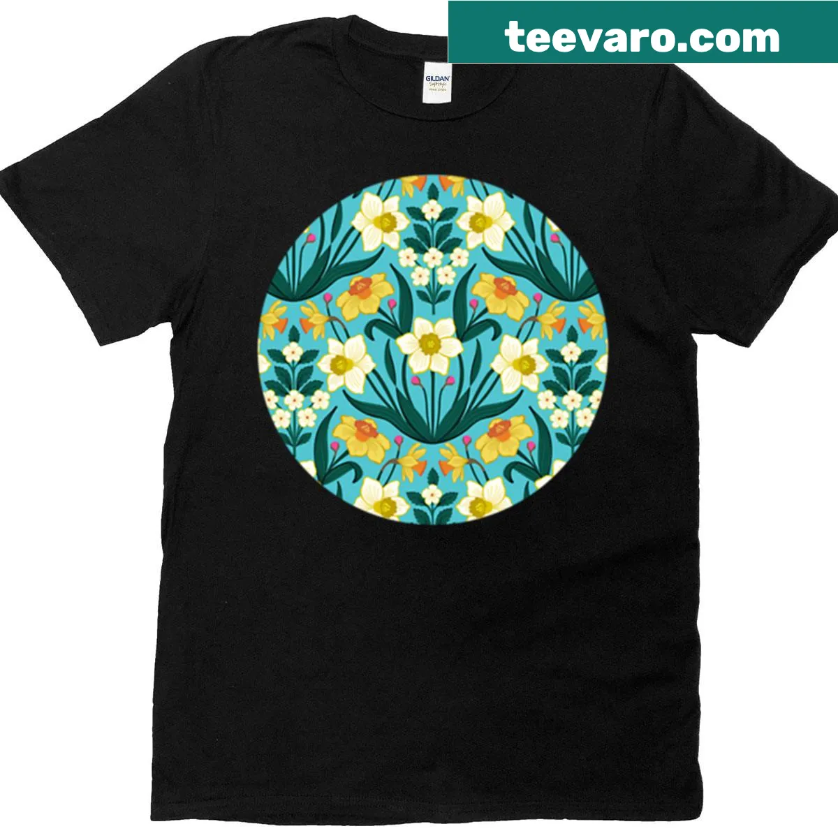 Illustration of spring daffodils on an aqua t-shirt — on a men's t-shirt