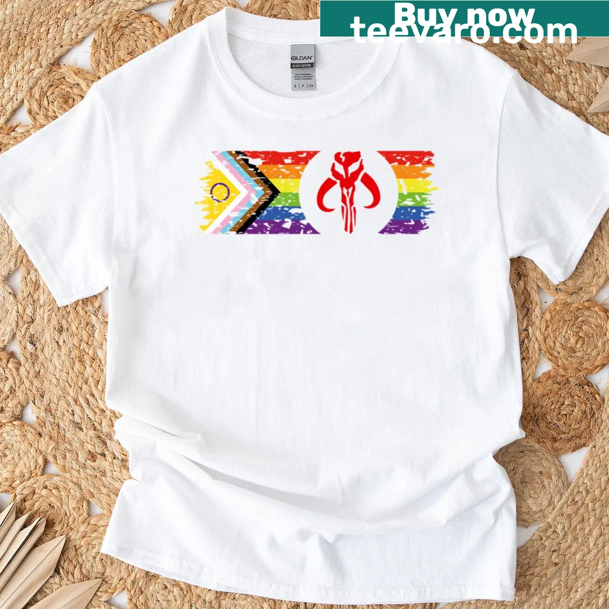 Distressed Mythosaur graphic over Inclusive Progress Pride Flag — on a men's t-shirt