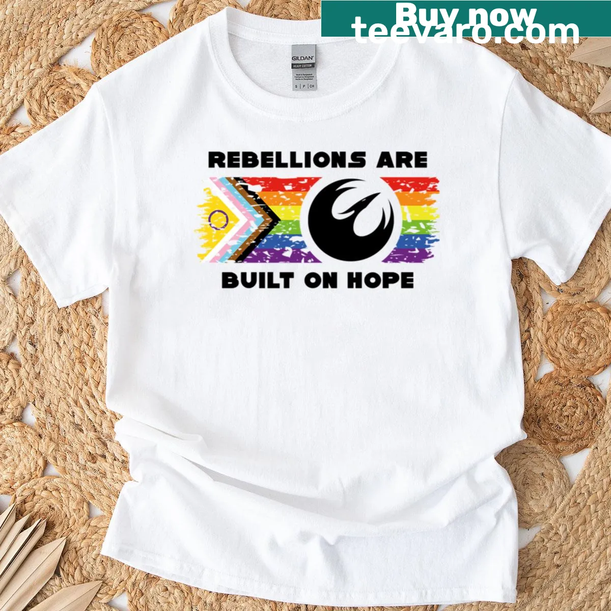 Starbird Hope graphic on Inclusive Progress Pride Flag t-shirt — on a men's t-shirt