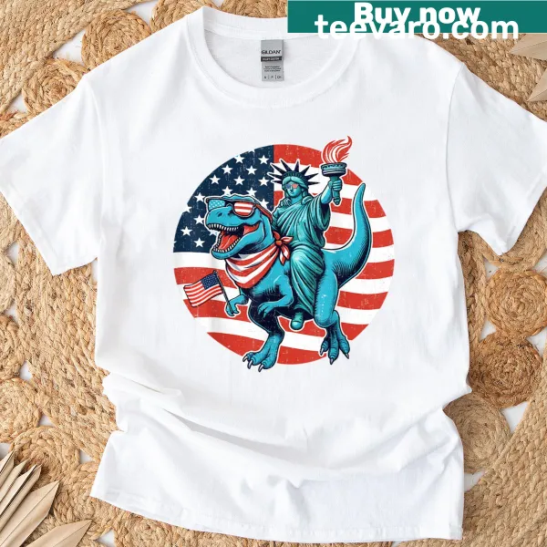Statue of Liberty riding T-Rex against USA flag