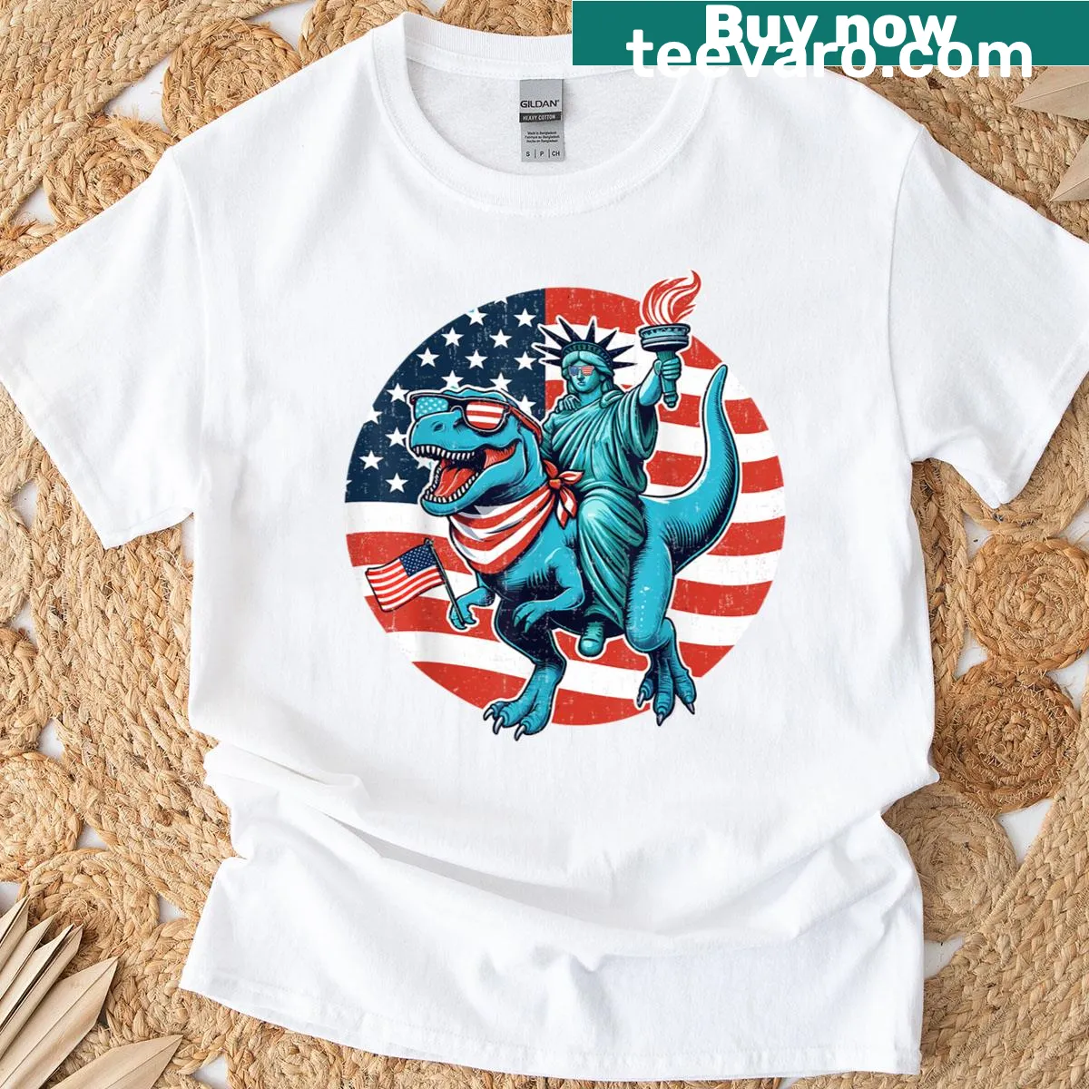 Statue of Liberty riding T-Rex against USA flag — on a men's t-shirt