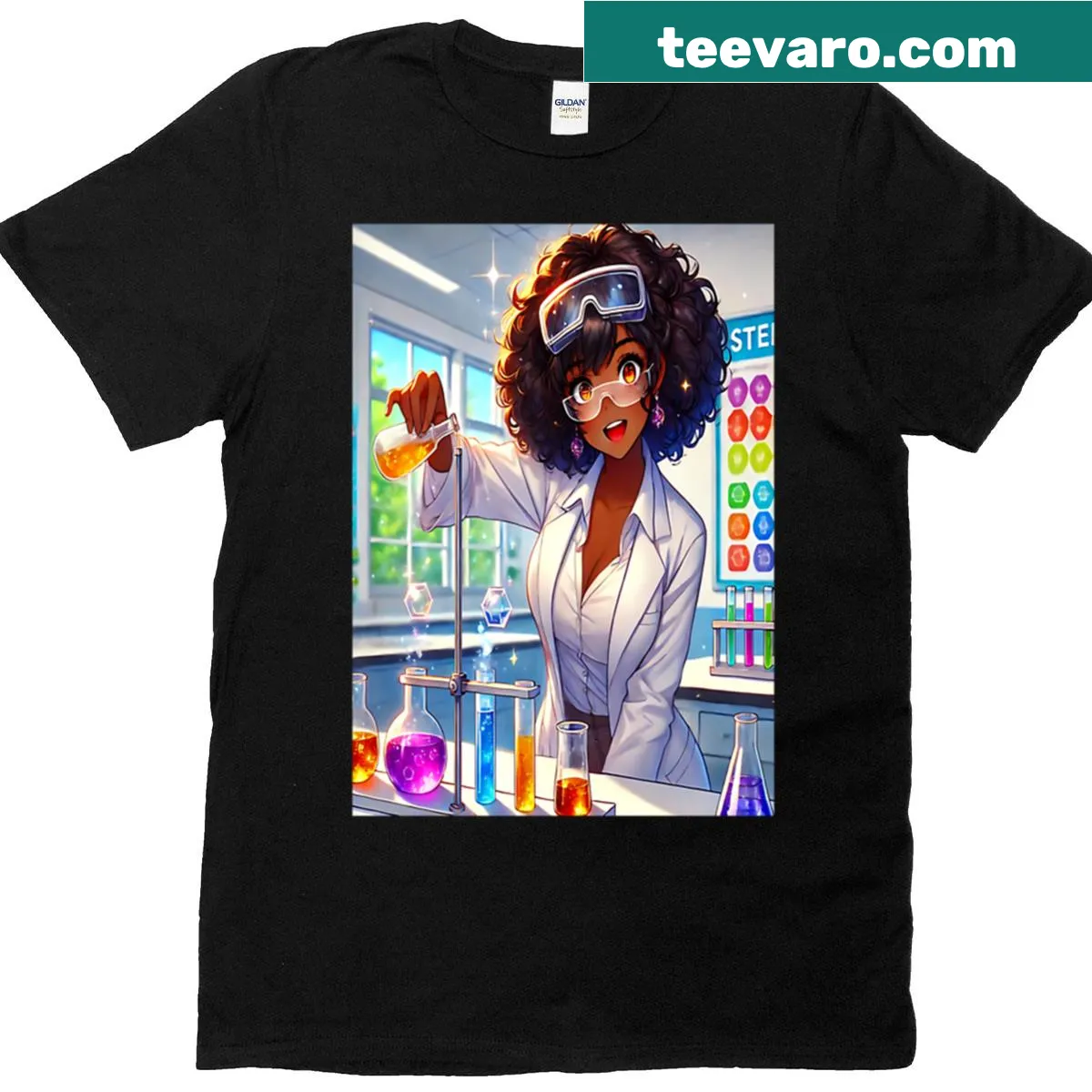 Cartoon of a black science teacher with STEM theme — on a men's t-shirt