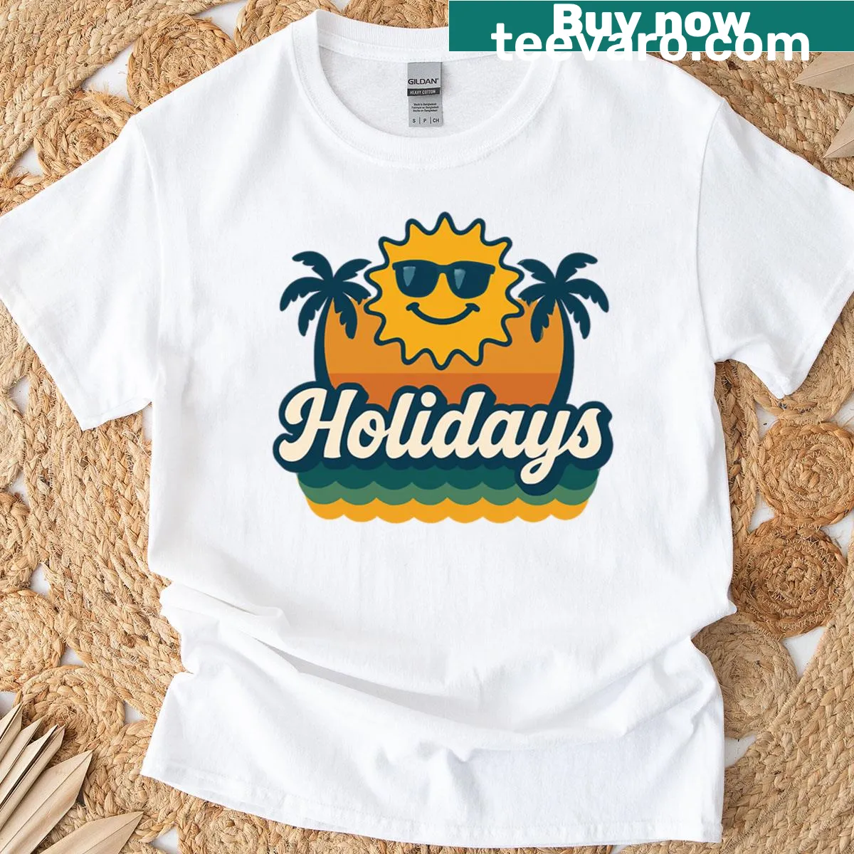 T-shirt featuring a serene summer paradise illustration — on a men's t-shirt