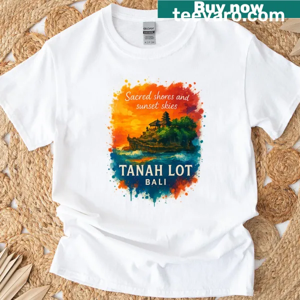 Tanah Lot Bali T-shirt with sacred shores and sunset art