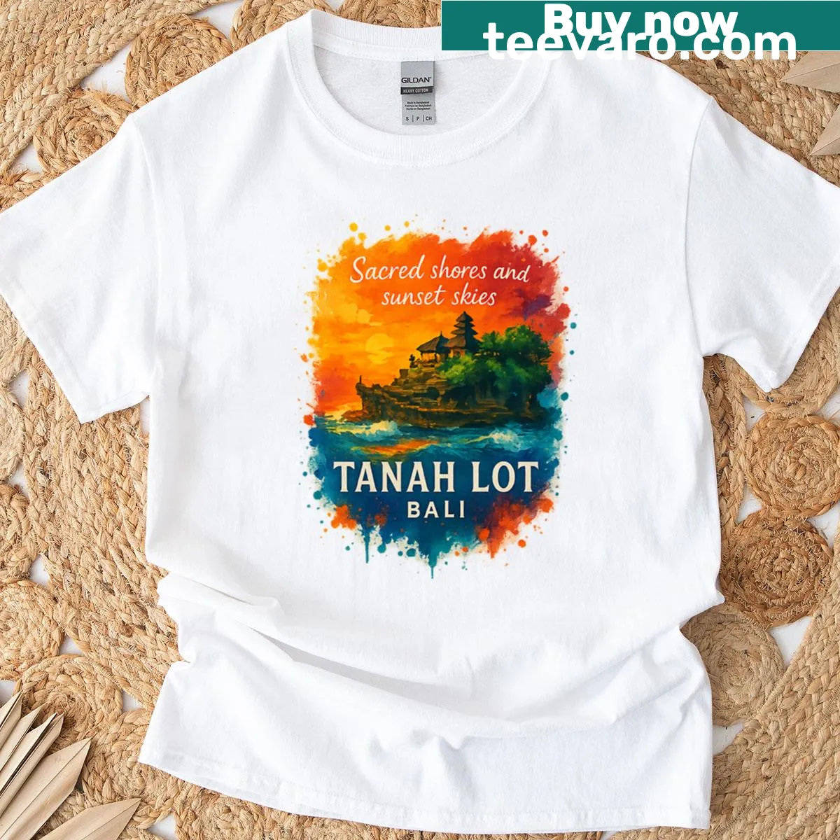 Tanah Lot Bali T-shirt with sacred shores and sunset art — on a men's t-shirt