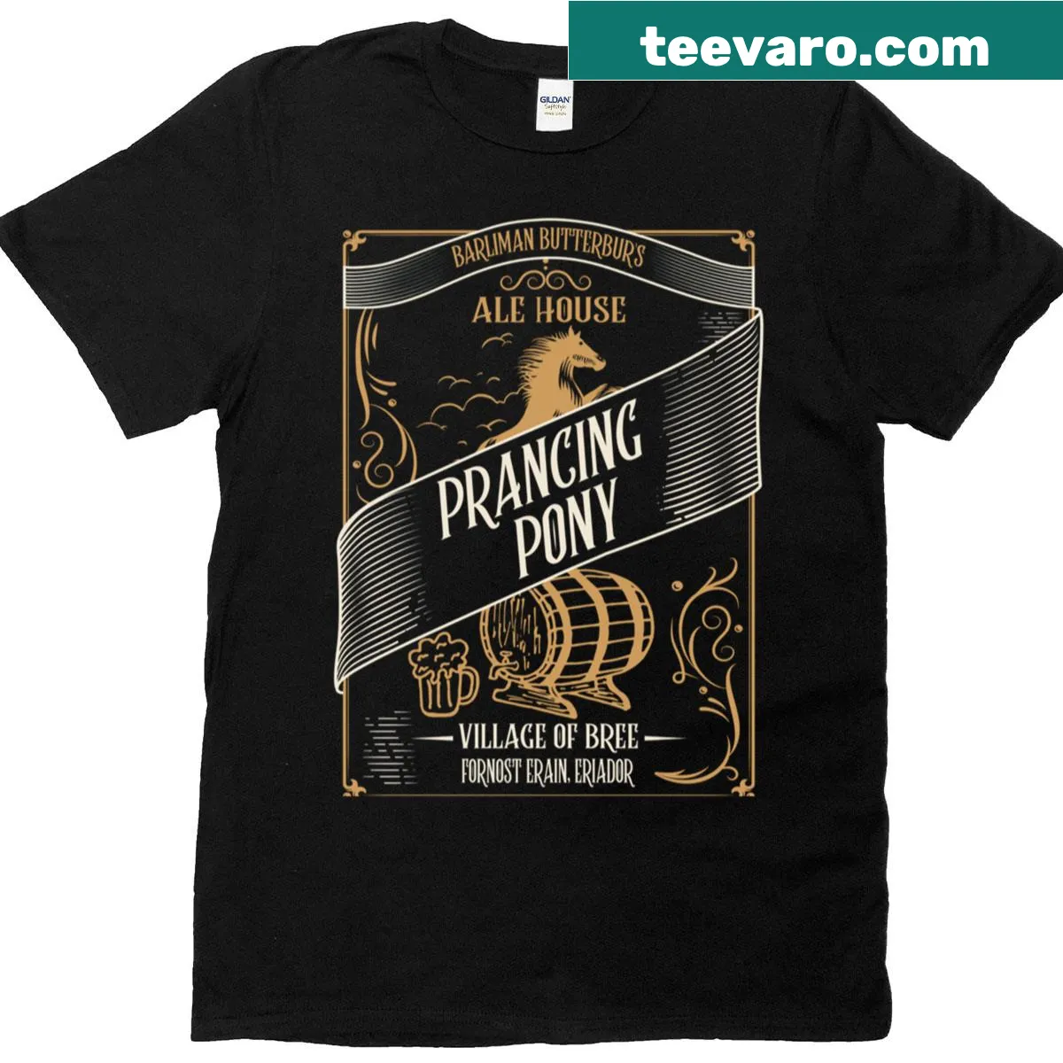 Whimsical t-shirt featuring the Prancing Pony from fantasy lore — on a men's t-shirt