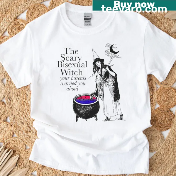 Funny LGBTQ t-shirt featuring a witch graphic and humorous text