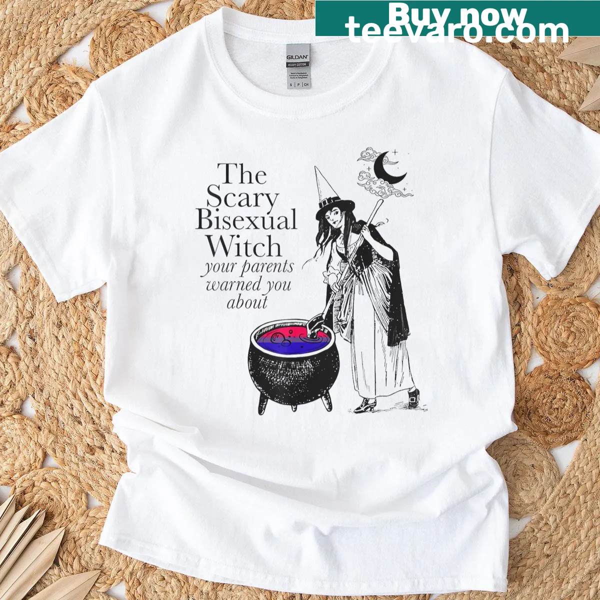 Funny LGBTQ t-shirt featuring a witch graphic and humorous text — on a men's t-shirt