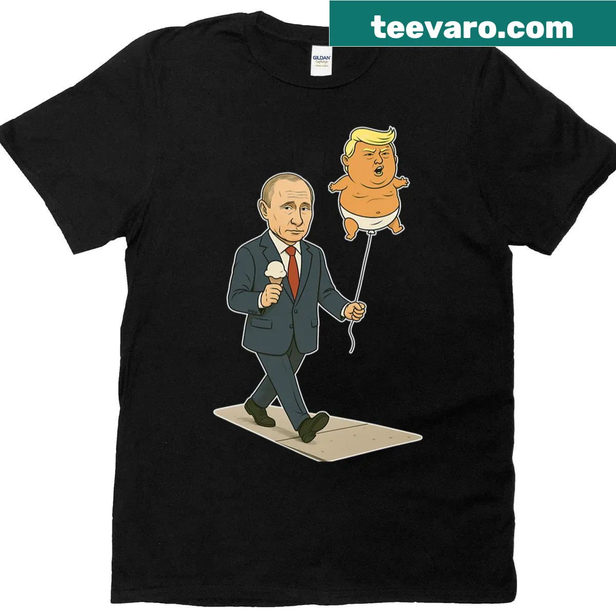 Satirical T-shirt featuring Putin with Trump balloon illustration — on a men's t-shirt
