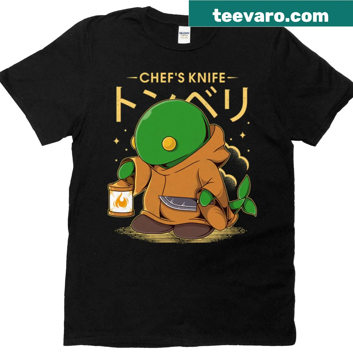 Illustration of the Tonberry character on a t-shirt — on a men's t-shirt
