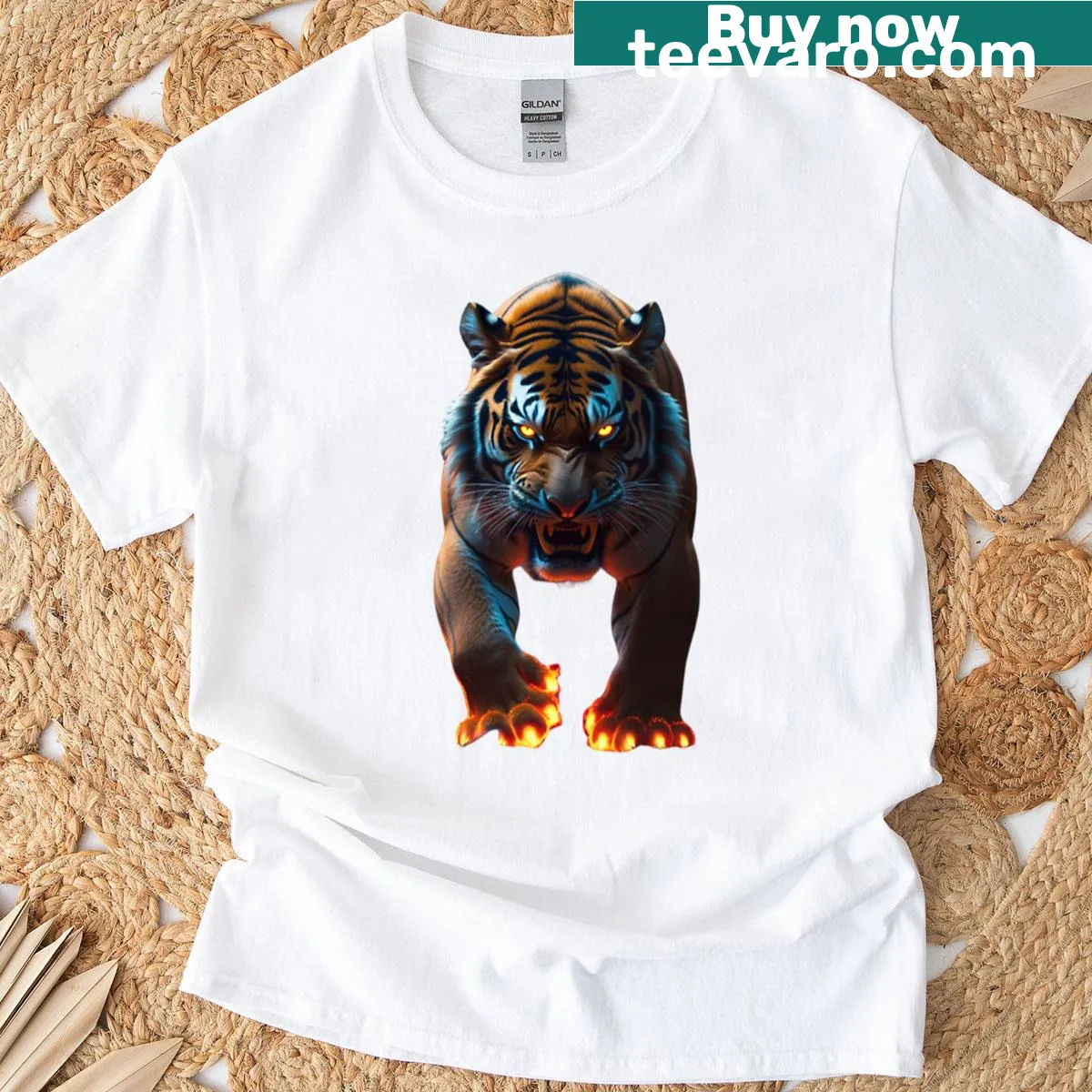 Illustrated tiger graphic on a t-shirt — on a men's t-shirt