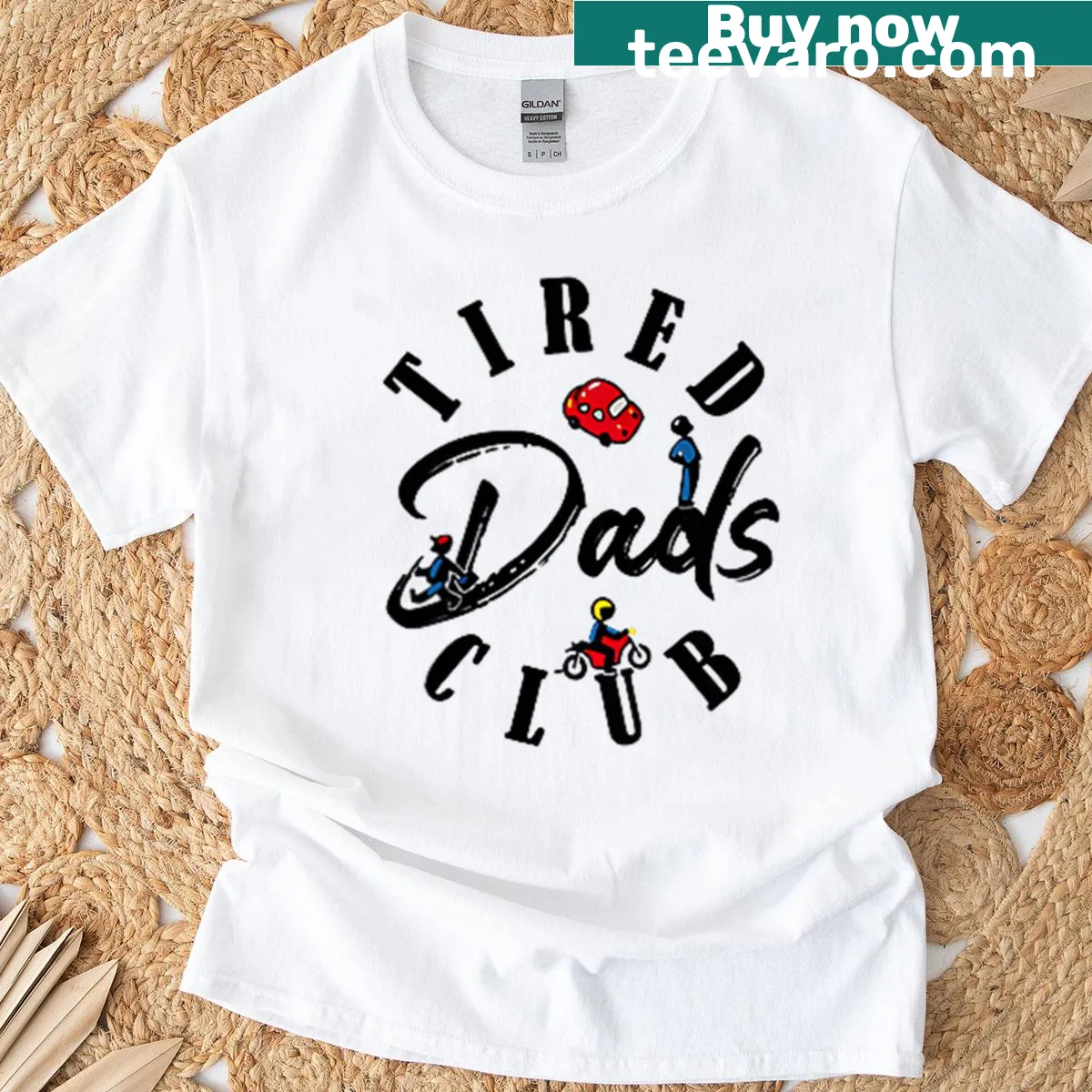 Cartoon T-shirt depicting kids playing cars on dads back — on a men's t-shirt