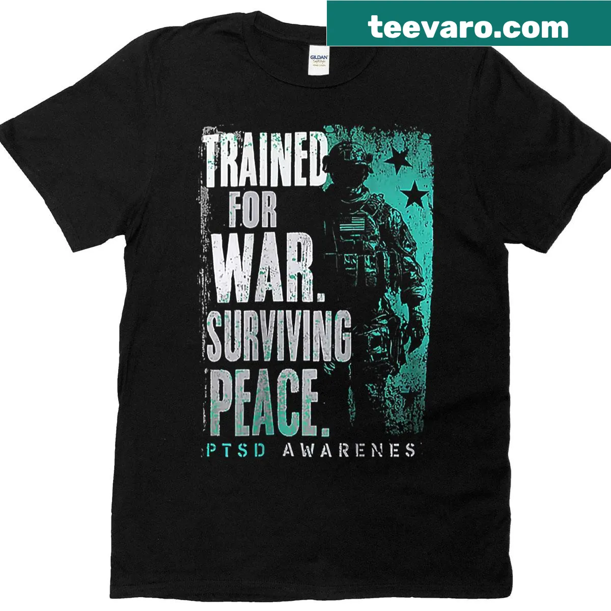 Awareness T-shirt featuring impactful text about PTSD and veteran support — on a men's t-shirt