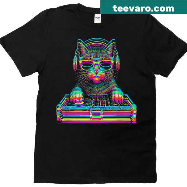 Vaporwave cat DJ graphic tee with retro patterns and colors