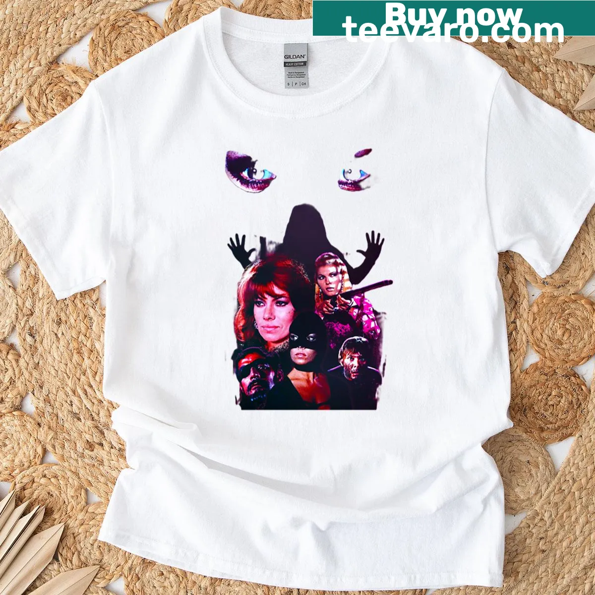 Vintage pulp art t-shirt featuring sci-fi poster design — on a men's t-shirt