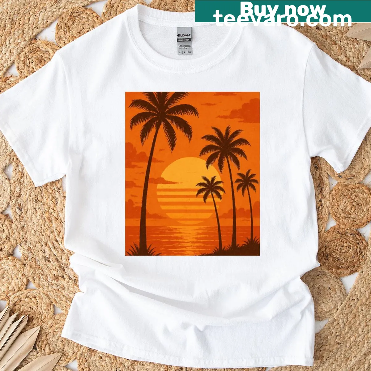 Vintage-style T-shirt featuring palm trees and a sunset design — on a men's t-shirt