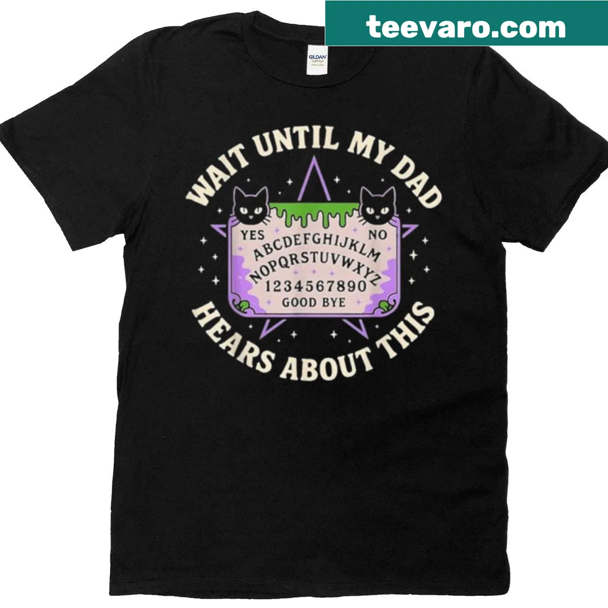 Funny Ouija board cat design T-shirt with humorous graphic — on a men's t-shirt