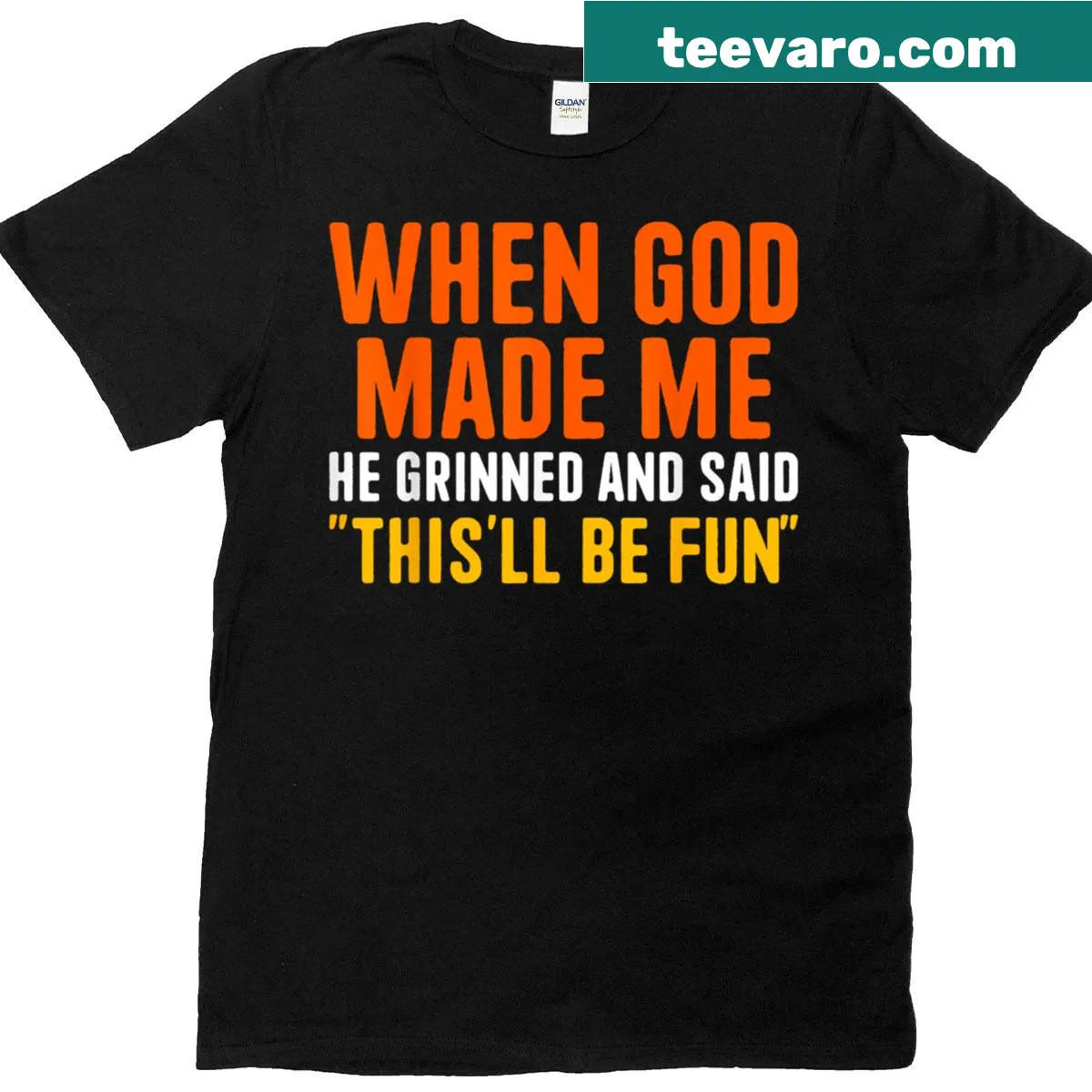 Funny Christian t-shirt with a light-hearted faith-themed phrase. — on a men's t-shirt