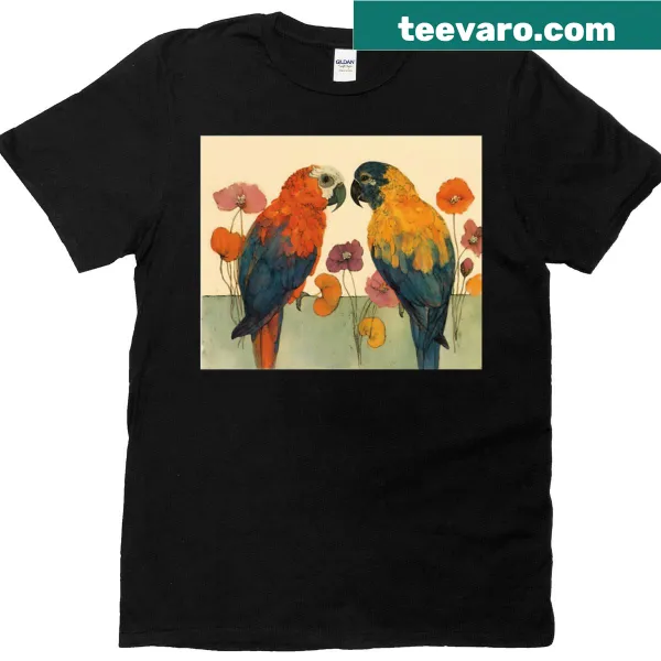 Vintage botanical T-shirt with whimsical parrots and poppies illustration