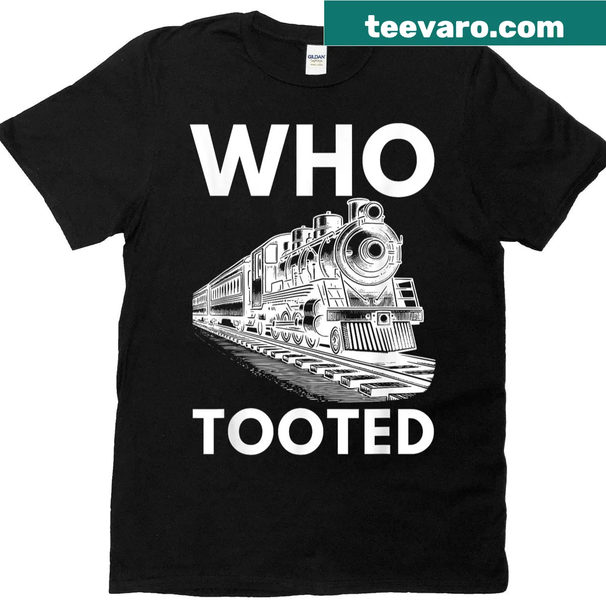 Cute cartoon train-themed shirt with a playful phrase. — on a men's t-shirt