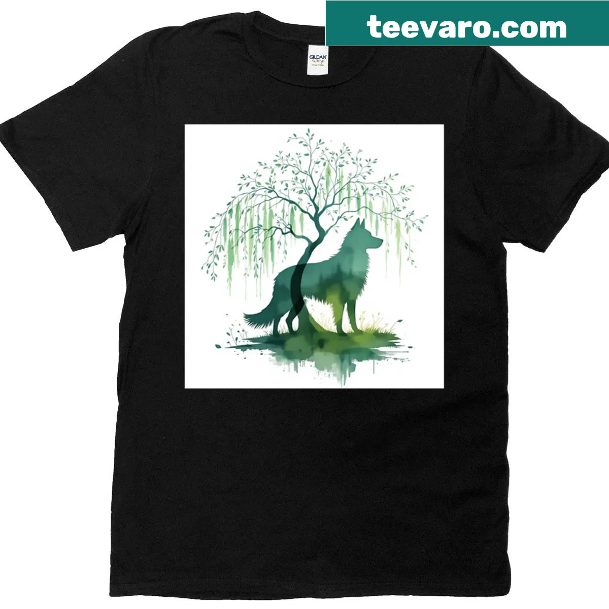Silhouette of a wolf among trees design — on a men's t-shirt