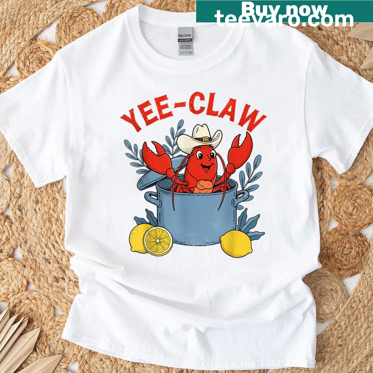 Cartoon cowboy enjoying a crawfish boil on a T-shirt — on a men's t-shirt