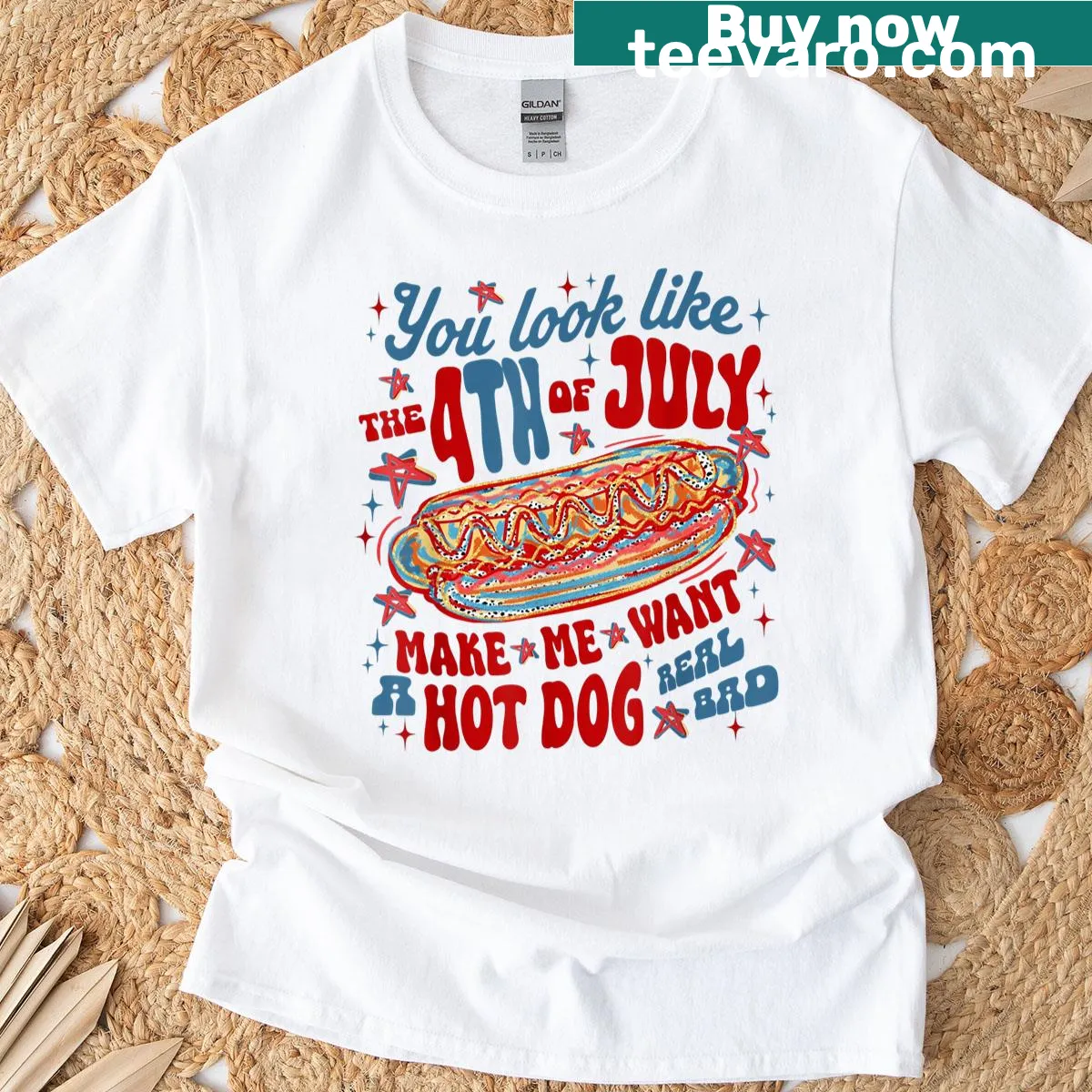 Funny text t-shirt featuring a July 4th hotdog pun — on a men's t-shirt