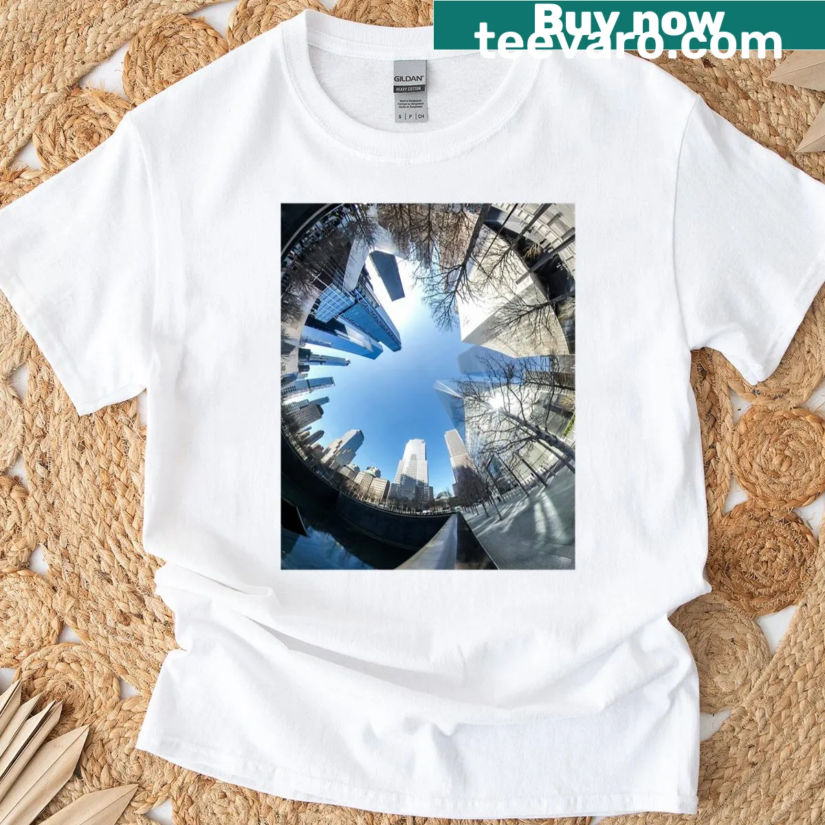 Graphic T-shirt featuring a 360-degree photo of New York City — on a men's t-shirt
