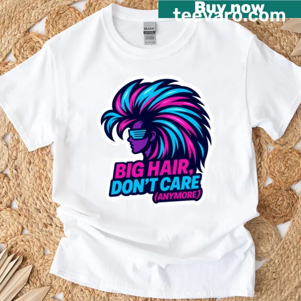 Nostalgic T-shirt with graphic celebrating 80s rock star hairstyles